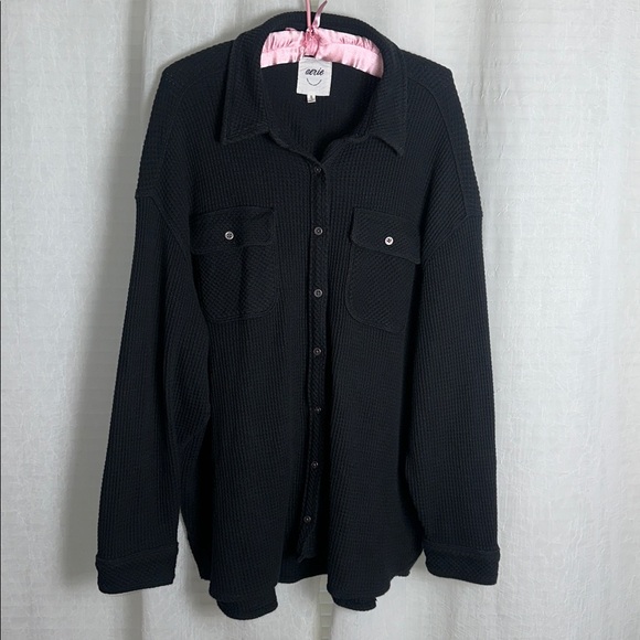 aerie XL Lumber Stone Washed True Black Waffle Knit Cotton Blend Oversized Shirt - Picture 6 of 14